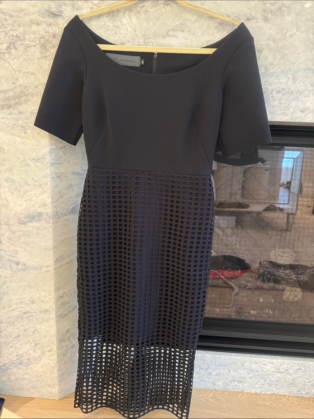 Women's Navy Midi Dress with Textured Grid Skirt